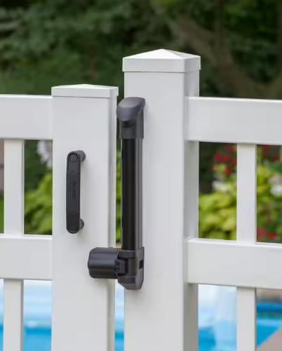 White vinyl fence with a black pool safety locking latch.
